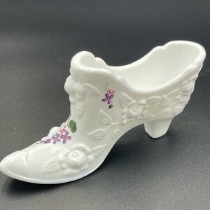 Fenton White Milk Glass Hand Painted Slipper Shoe Floral Signed by Artist